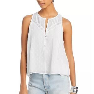 AQUA Semi Sheer Clip Dot Sleeveless Top XS White Split Neck Pintuck Button Front